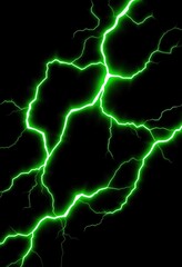 Poster - dynamic of glowing green electrical currents arcing across stark dark background