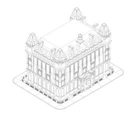 Poster - A building with a lot of windows and a roof. The building is very tall and has a lot of windows. Isometric view. 3D