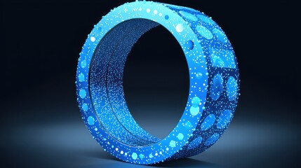Poster - Abstract Blue Ring Digital Art: A mesmerizing 3D render of a futuristic,  glowing blue ring, dotted with particles, against a dark background.