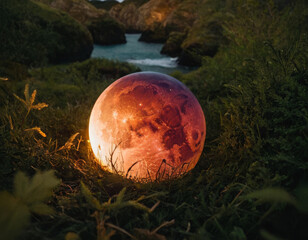 Wall Mural - generative ai lunar orb enchants coastal meadow moon orb sphere grass meadow coast water rocks glowi