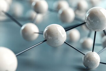 Fototapete - Close-up of interconnected white spheres with dark grey rods, creating a molecular structure abstract image, showcasing connection and networking concepts