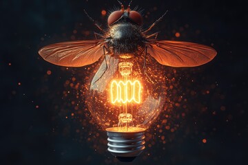 Poster - A fly is perched above a luminous incandescent light bulb