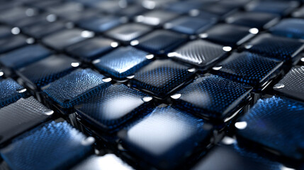 Poster - Close-up of dark blue textured cubes, creating a glossy, geometric pattern, suggesting technology, modernity, and digital innovation, ideal for tech or abstract designs