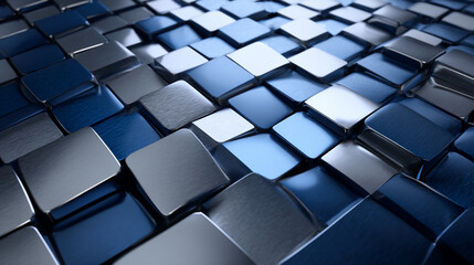 Poster - Abstract image of metallic blue and silver cubes, creating a textured, three-dimensional surface, showcasing a modern and sleek design, ideal for technological or industrial contexts