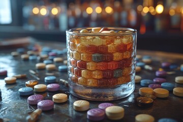 Poster - A glass of pills sits surrounded on a reflective surface