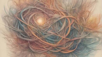 Poster - an abstract artwork with a warm and inviting color palette, features swirling, intertwined lines. The artwork evokes a sense of depth and complexity.