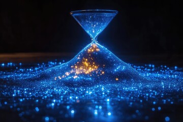 Poster - A glowing hourglass with flowing sparkling particles in the dark