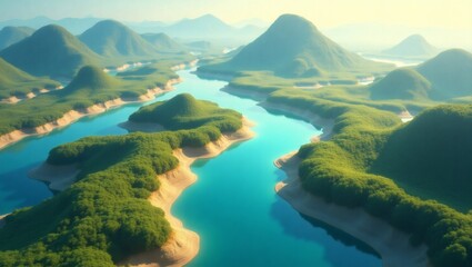 Poster - Serene river winding through lush green mountains. The river's crystal-clear water reflects the surrounding landscape. 