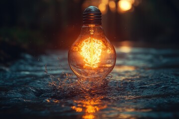 Poster - A glowing lightbulb rests in flowing water with beautiful splashes