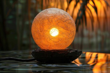 Poster - a glowing round lamp with intricate surface design and base