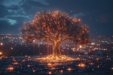 Poster - A glowing tree illuminated with light against a twilight sky