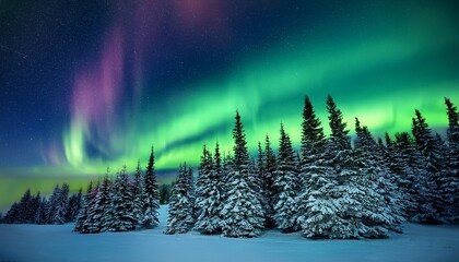 Wall Mural - Trees against the background of aurora borealis winter holiday