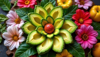Poster - Avocado Flower Arrangement Illustrate an artistic composition where avocados are arranged to resemble a blooming flower, with vibrant colors around it.