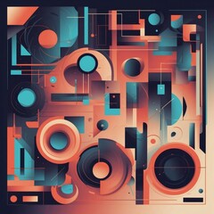 Aufkleber - Abstract geometric art with teal and orange shapes.  A vibrant, modern design with overlapping circles, squares, and lines.