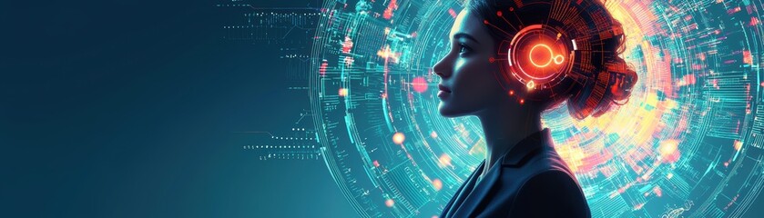 Poster - A profile view of a woman wearing headphones, surrounded by vibrant digital patterns, symbolizing technology and innovation.