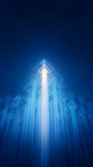 Poster - Abstract image of glowing blue arrows pointing upward, central arrow brighter, symbolizing growth, success, and progress in business or technology