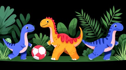 Naklejka na meble Cheerful Pixel Art Dinosaurs Playing Soccer in Jungle With Lush Green Foliage