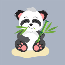 Cute cartoon animal panda eating bamboo. Flat vector illustration isolated on grey background.