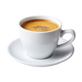 Doppio espresso in white ceramic cup and saucer, isolated on white