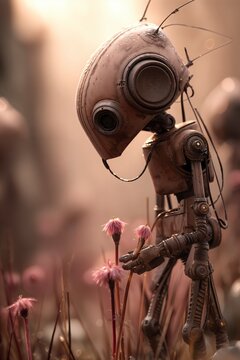 Un robot de aspecto triste está de pie en un campo de flores, con un ambiente melancólico y una estética de fantasía.