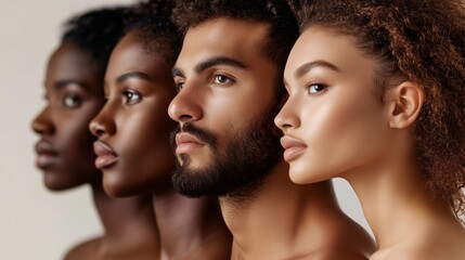Poster - Diversity in beauty showcased through four models presenting different skin tones and features in a neutral setting