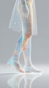 Pierna humana renderizada con gráficos digitales, reflejada en una superficie gris.