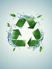 Poster - Recycling icon featuring flowing water and green leaves in soft tones representing environmental sustainability and eco-friendliness