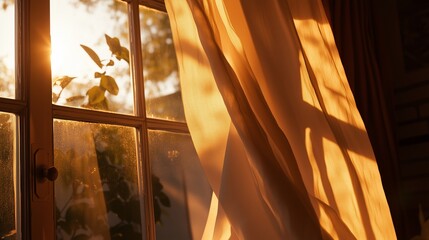 Poster - warm sunlight filters through sheer curtains illuminating a cozy room in the late afternoon