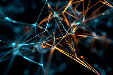 Poster - Abstract image of interconnected glowing lines in teal and amber, creating a network structure on dark background, symbolizing connection, technology, and innovation