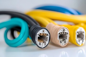 colorful cables, connectors closeup, technology, background white