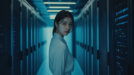 Poster - woman stands in hallway lined with servers bathed in cool blue light evoking mystery and technology