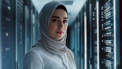Poster - Woman in hijab stands in server room symbolizing diversity and inclusion in technology