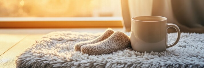 Aufkleber - Cozy morning setting with slippers and mug resting on fluffy mat in warm sunlight