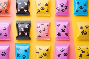 Poster - Sleek packaging design mockups for wet and dry pet food arranged in colorful rows on a flat surface showcasing creative branding and eye-catching colors