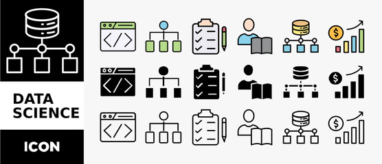 Poster - DATA SCIENCE icon set with various styles and colors data, classification, analyze, statistics, solving, decision and knowledge
