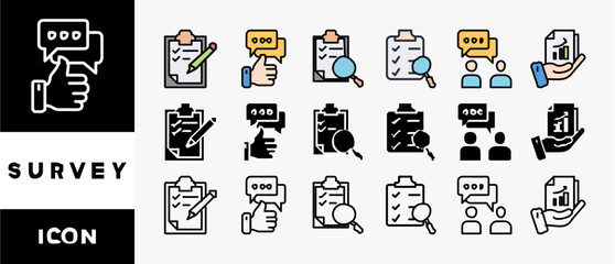 Poster - SURVEY icon set with various styles and colors customer satisfaction questionnaire feedback with icon of evaluation, research, interview and result