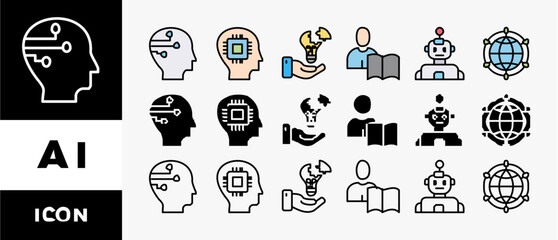 Poster - AI icon set with various styles and colors artificial intelligence with icon of cybernetics, problem-solving, deep learning, machine learning, robotics and neural network 
