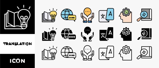 Poster - TRANSLATION icon set with various styles and colors dictionary, interpretation, translator, communication, language, and knowledge
