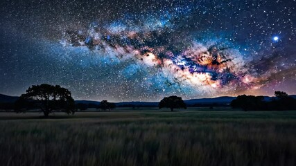 Wall Mural - Stunning celestial spectacle displaying the Milky Way over a tranquil field at night, with trees silhouetted against the mesmerizing starlight.