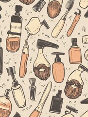 Poster - Seamless pattern featuring beard icons, razors, and grooming bottles on a muted background suitable for men’s grooming products