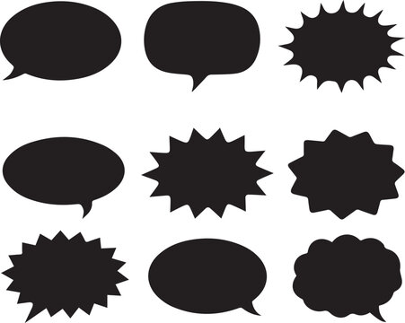 Set of Black Blank Speech Bubbles and Comic Explosion Shapes