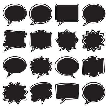 Set of Black Blank Speech Bubbles and Comic Explosion Shapes