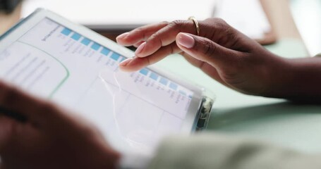 Aufkleber - Hands, tablet and screen with graphs, review and statistics for company sales or data analysis in office. Tech, ux and person for report of profit, finance and revenue with ui and business analytics