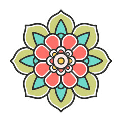 Poster - Floral blossom illustration with symmetrical petals and vibrant colors for backgrounds and art, mandala vector design