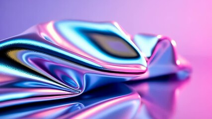 Poster - Iridescent holographic texture blue fabric rippling abstract background, reflecting pink metallic hues against luminous futuristic visual landscape video 4k
