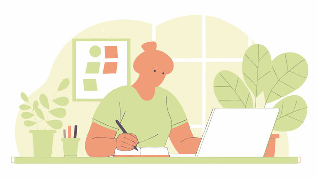 Illustration in the flat style of the graphic designer at the computer in a creative environment