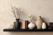© CreativeClick - Elegant Beige and Brown Wall Mockup with Clay Vase – Minimalist Shelf Styling and Copy Space