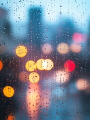 Leinwandbilder - Raindrops create a nostalgic atmosphere on a foggy window while city lights shimmer in the blurred background during a rainy evening