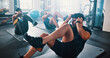 © Jessy/peopleimages.com - Workout, people and sit ups with personal trainer, class and gym for training or fitness routine. Coaching, goals and target with group of sports exercise in health club together for core muscle