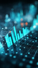 Poster - Abstract image of glowing cyan bar graphs and network connections, suggesting data visualization, technology, or finance growth, ideal for tech or business background